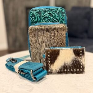 Trinity Ranch Genuine Hair-On Cowhide /Tooled Phone Purse w/ Coin Pouch TQ (A)